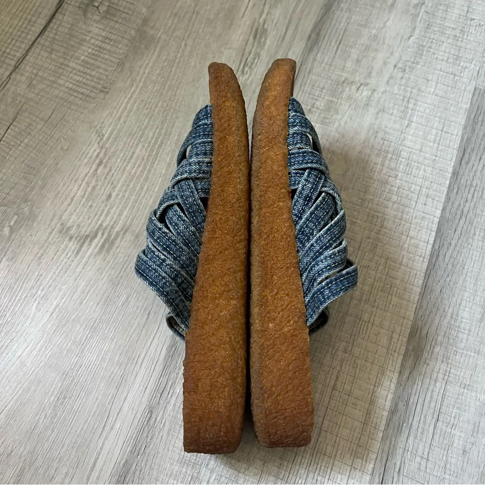 orSlow x MALIBU SANDALS Zuma Washed Indigo Denim Crepe Blue Woven Slide Sandals